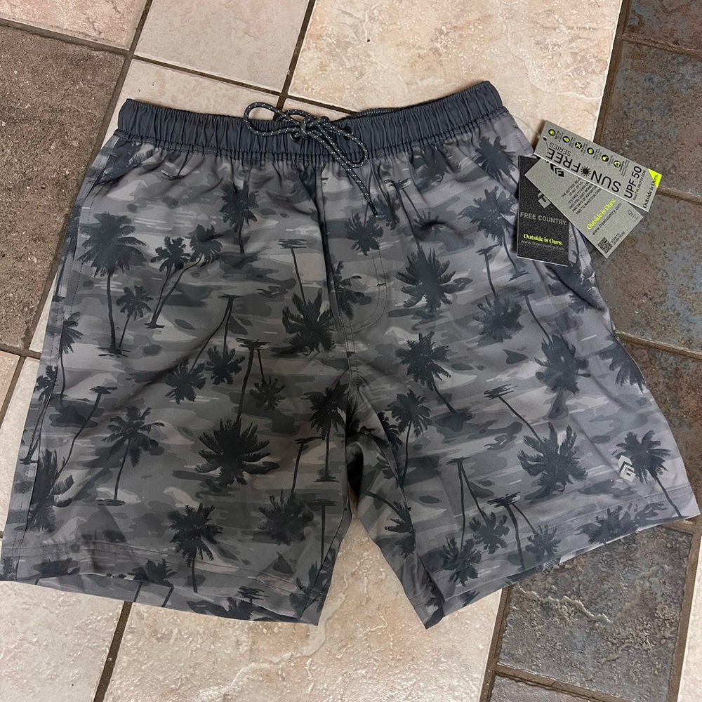 Free Country Gray Palm Print Men's Swim Shorts